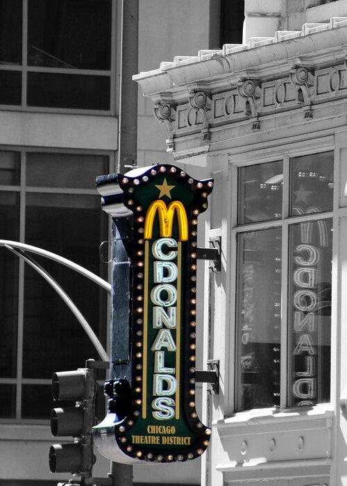Mcdonalds Greeting Card featuring the photograph Old McDonalds Sign in Downtown Chicago Selective Coloring by Colleen Cornelius