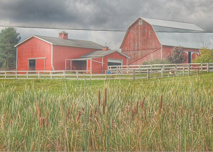 Barn Greeting Card featuring the photograph 0033 - Old Meets New by Sheryl L Sutter