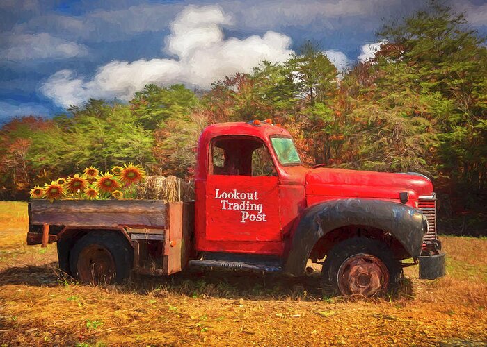 1937 Greeting Card featuring the photograph Old Red Truck on the Farm Oil Painting by Debra and Dave Vanderlaan