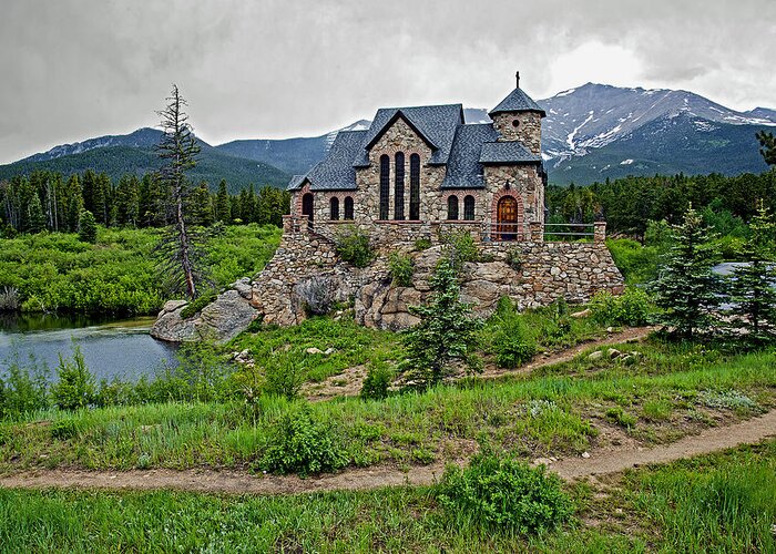 Mixed Media. Mixed Meida Church Photography. Church. Ola Church. Rock. Rock Church. Rocky Mountain Park Co. Estes Park Co. Colorado. Colorado Photography. Rocky Mountain Park. Colorado Greeting Cards. Digtal. Digtal Photography. Trails. Hiking Trails. Dirt Trails. Green Grass. Lakes. Mountain Lakes. Ponds. Trees. Green Trees. Pine Tress. Aspin. Colorado Aspen. Aspen Trees. Fall Aspen Trees. Fall Colorado Photography. Greeting Card featuring the photograph Old Rock Church On A Cloudy Day by James Steele