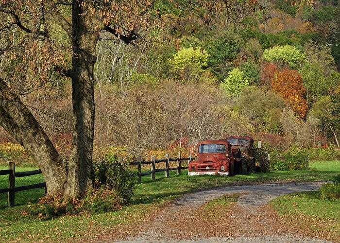 Bethel Greeting Card featuring the photograph Old Rusted Trucks Bethel Vermont VT New England Foliage Aurumn by Toby McGuire