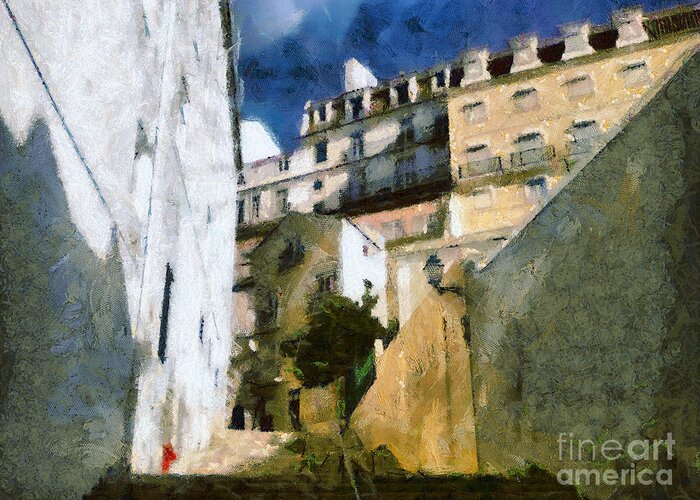Alfama Greeting Card featuring the painting Old stairs in Lisbon by Dimitar Hristov