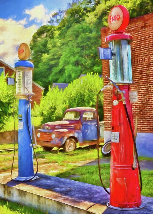Old Greeting Card featuring the painting Old Time Vintage Gas Pumps AP by Dan Carmichael