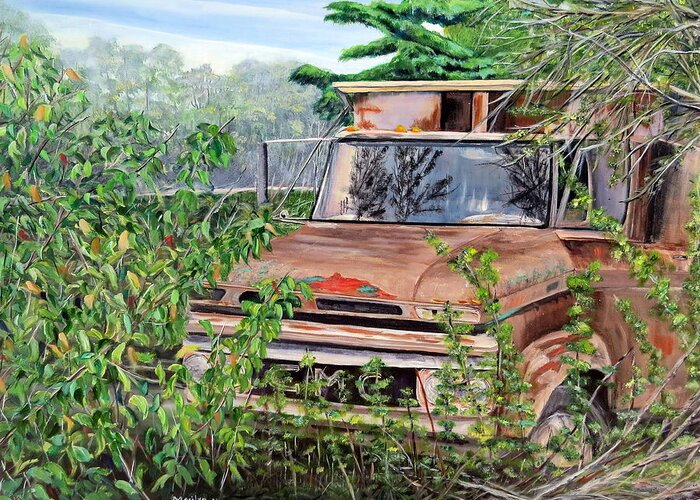 Old Truck Greeting Card featuring the painting Old truck rusting by Marilyn McNish