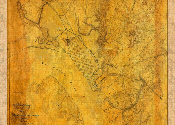Old Greeting Card featuring the mixed media Old Vintage Map of Jacksonville Florida Circa 1864 Civil War on Worn Distressed Parchment by Design Turnpike