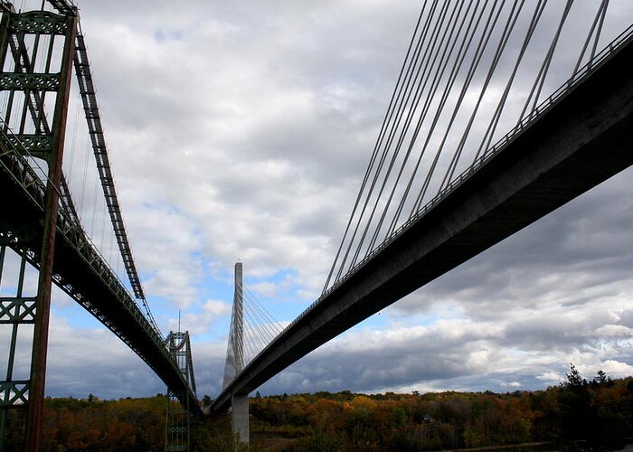 Penobscot Narrows Bridge Greeting Card featuring the photograph Old Vs New by Greg DeBeck