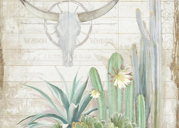 Longhorn Cow Skull Greeting Card featuring the painting Old West Cactus Garden w Longhorn Cow Skull n Succulents over Wood by Audrey Jeanne Roberts