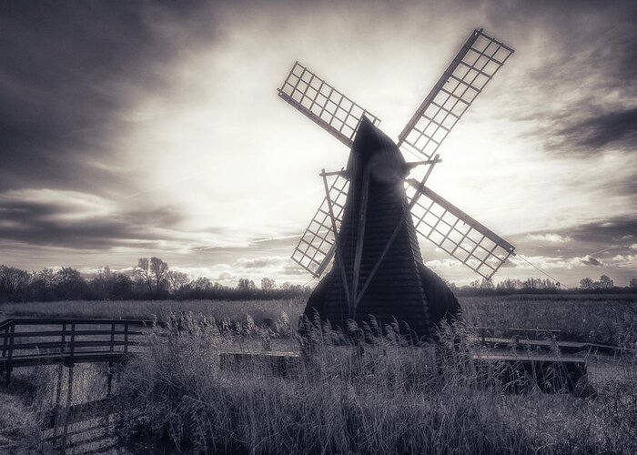 Boardwalk Greeting Card featuring the photograph Old windpump in mono by James Billings