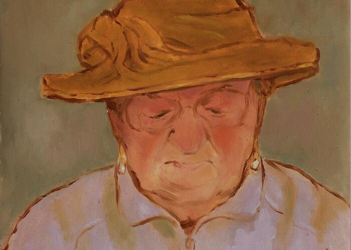 Portrait Greeting Card featuring the painting Old Woman with Yellow Hat by Attila Meszlenyi