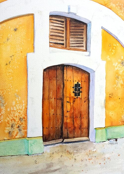 Door Greeting Card featuring the painting Old Wood Door Arch and Shutters by Carlin Blahnik CarlinArtWatercolor