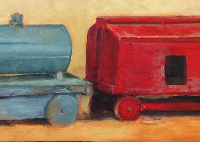 Train Greeting Card featuring the painting Old wood toy train part two by Chris Neil Smith