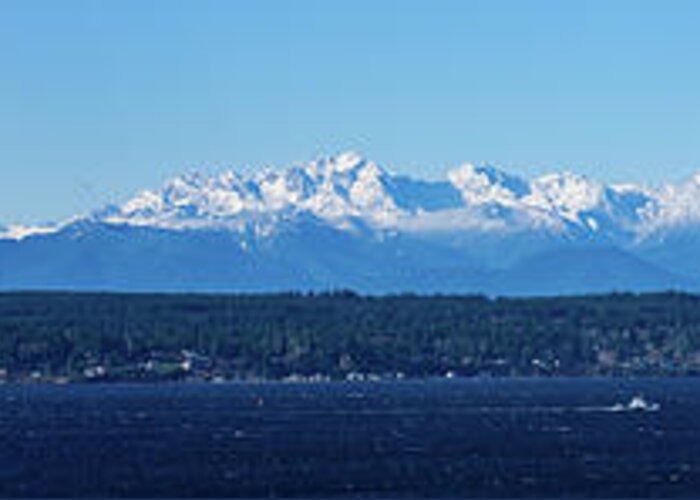 Olympic Mountains; Washington; Snow; Puget Sound; Water; Shoreline; Sky; Blue; Scenic; Northwest; Sunny; Sea; Bay; Snowy; Clear; Landscape; View; Wide; Outdoors; Panorama; Peaks; Scene; Edmonds; Seattle; Kitsap; Background; Fog Greeting Card featuring the photograph Olympic Mountains From Shoreline by Mary Jo Allen