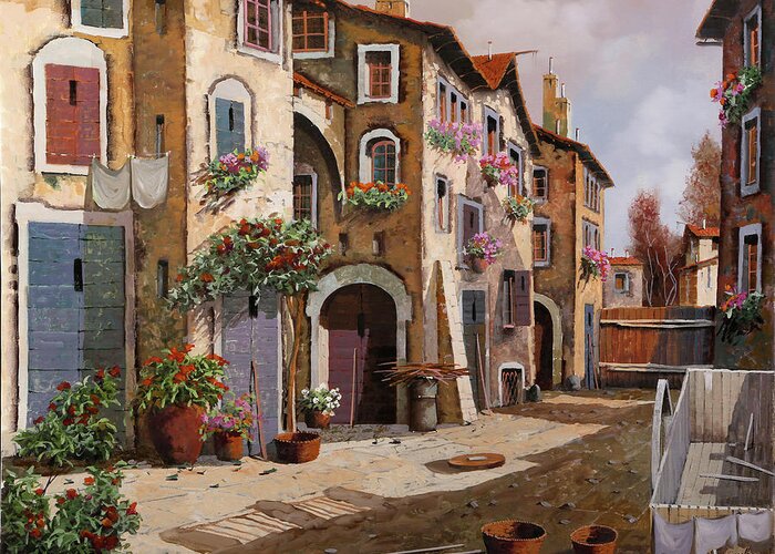 Italian Village Greeting Card featuring the painting Ombre Per Strada by Guido Borelli