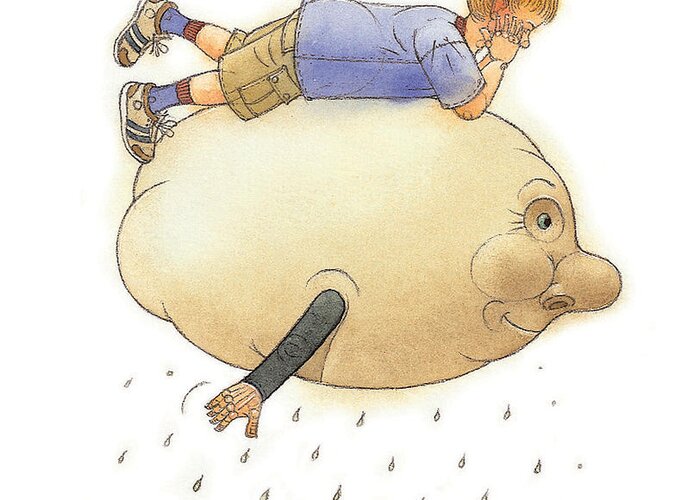 Clouds Sky Flying Boy White Blue Rain Greeting Card featuring the painting On a Cloud by Kestutis Kasparavicius