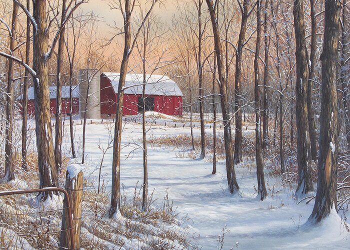 Landscape Greeting Card featuring the painting On that Snowy Morn by Jake Vandenbrink