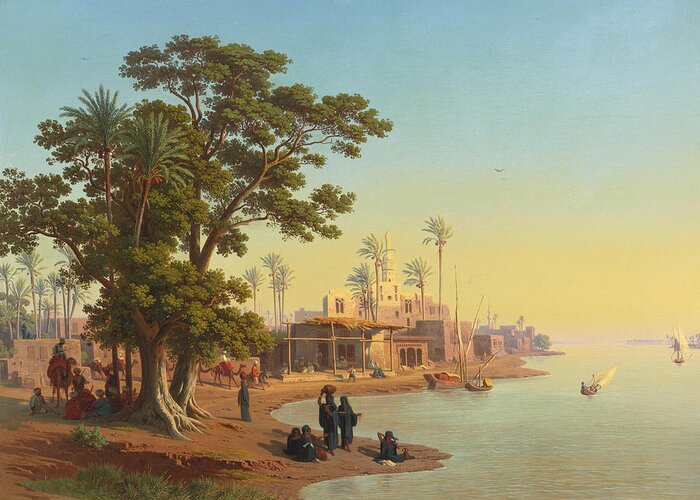Johann Jakob Frey Greeting Card featuring the painting On the Banks of the Nile by Johann Jakob Frey