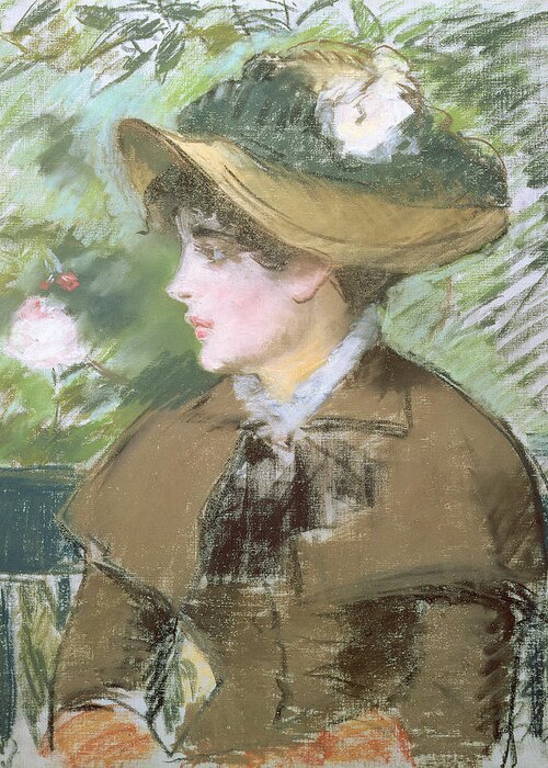 Impressionist; Portrait; Woman; Profile; Head; Hat; Bonnet Greeting Card featuring the painting On the Bench by Edouard Manet