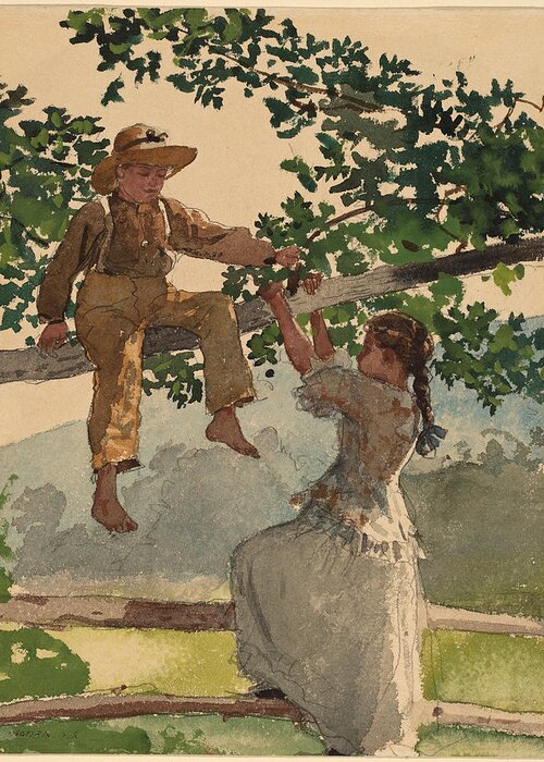Winslow Homer Greeting Card featuring the painting On the Fence #2 by Winslow Homer