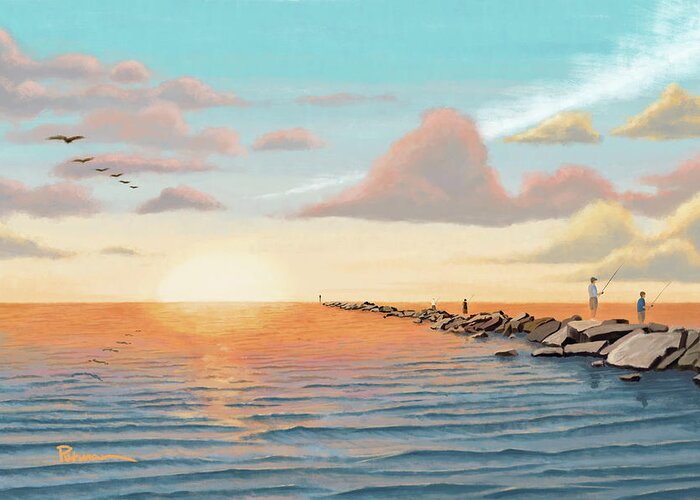 Saltwater Greeting Card featuring the digital art On The Jetties by Kevin Putman