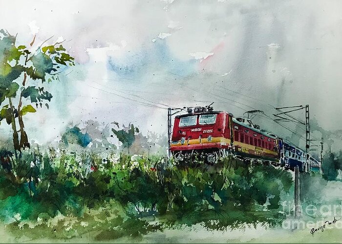 Train Greeting Card featuring the painting On the move by George Jacob