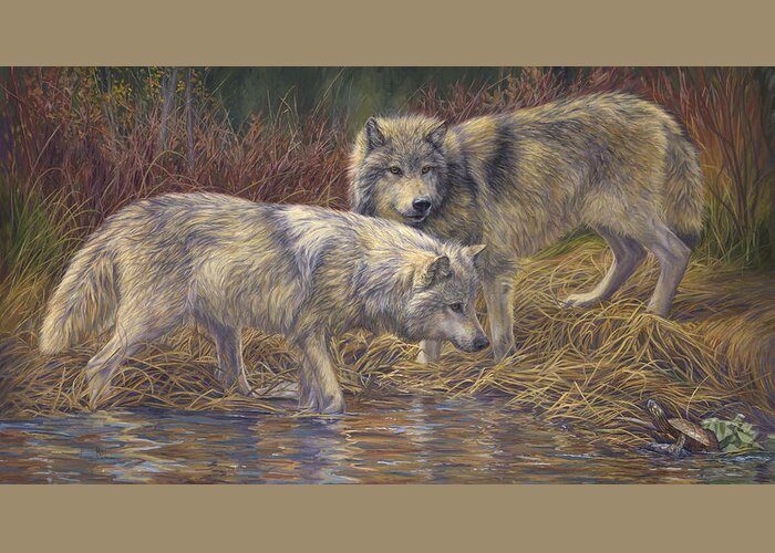 Wolf Greeting Card featuring the painting On the Prowl by Lucie Bilodeau