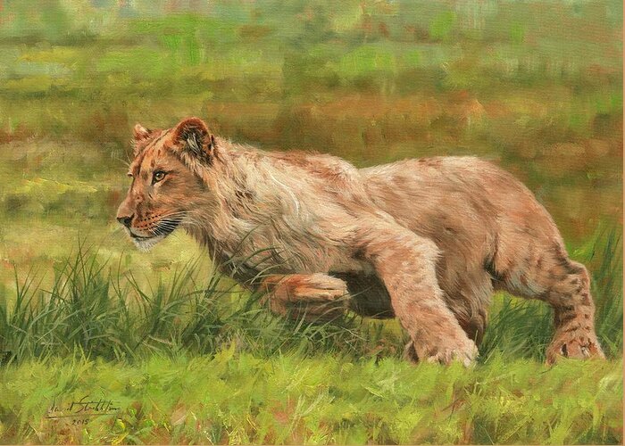 Lion Greeting Card featuring the painting On the Run by David Stribbling