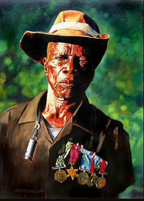 Black Soldier Greeting Card featuring the painting One Armed Soldier by John Lautermilch
