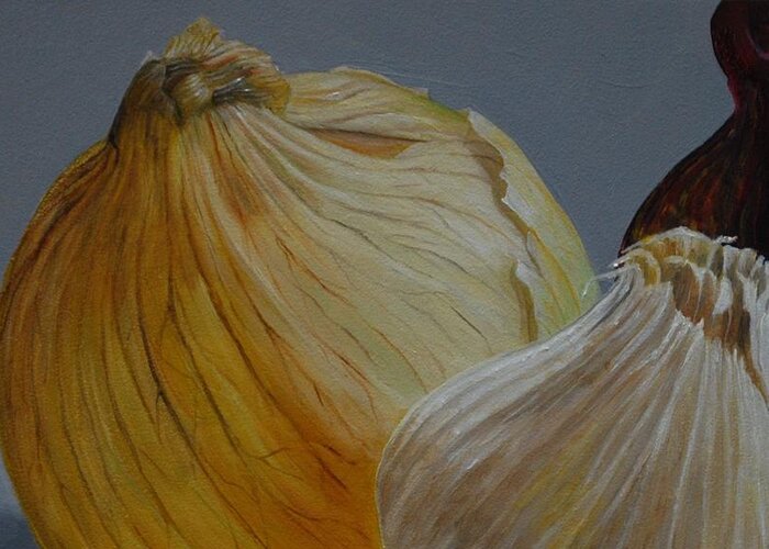 Realism Greeting Card featuring the painting Onions and Garlic by Emily Page