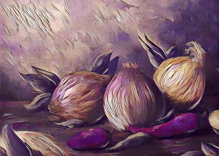 Still Life Greeting Card featuring the painting Onions and peppers digital by Megan Walsh