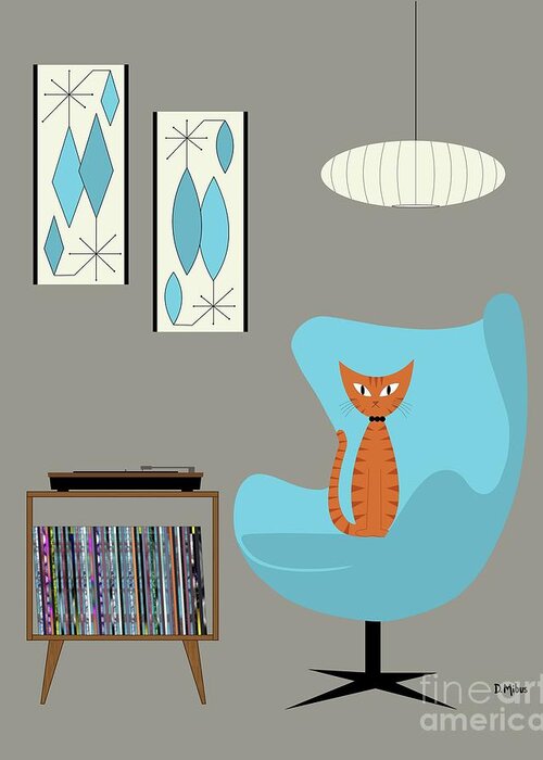  Greeting Card featuring the digital art Orange Cat in Turquoise Egg Chair by Donna Mibus