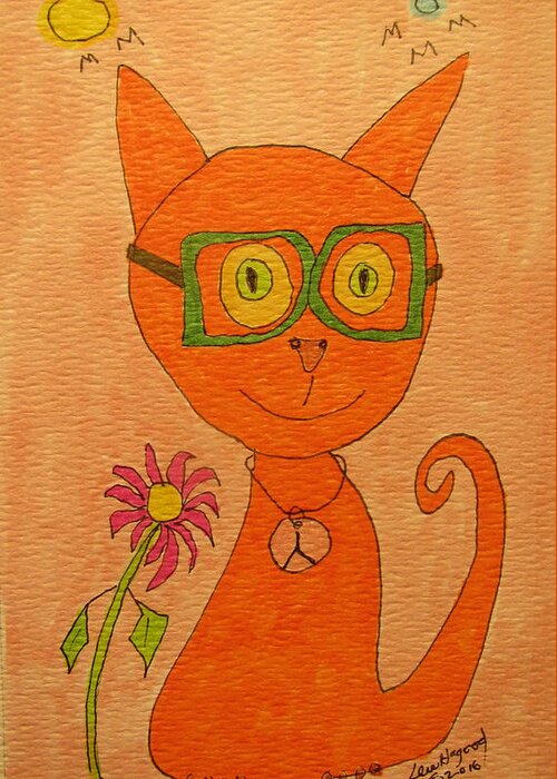 Hagood Greeting Card featuring the painting Orange Cat With Glasses by Lew Hagood