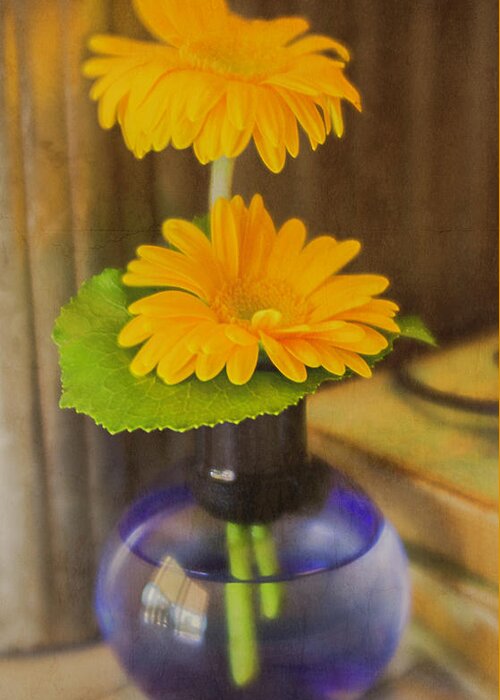 Flowers Greeting Card featuring the photograph Orange Flowers Blue Vase by Teresa Wilson