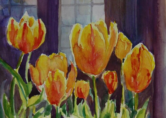 Tulips Greeting Card featuring the painting Orange Glow Tulips by Sukey Watson