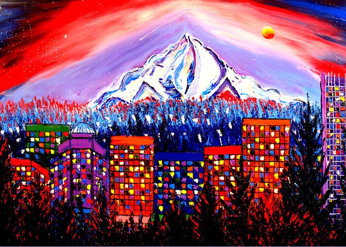  Greeting Card featuring the painting Orange Moon Over Mount Hood #1 by James Dunbar