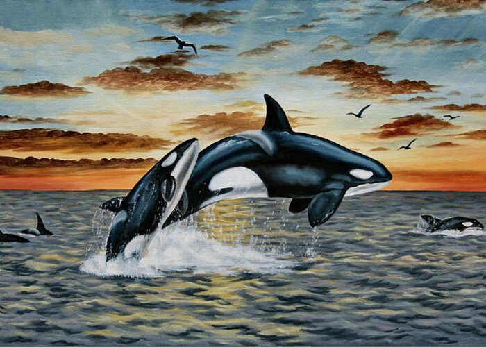 Oceans Greeting Card featuring the painting Orca Sunset by Mary Singer