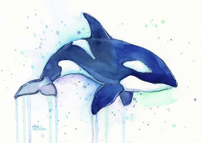 Killer Whale Greeting Card featuring the painting Orca Whale Watercolor Killer Whale Facing Right by Olga Shvartsur