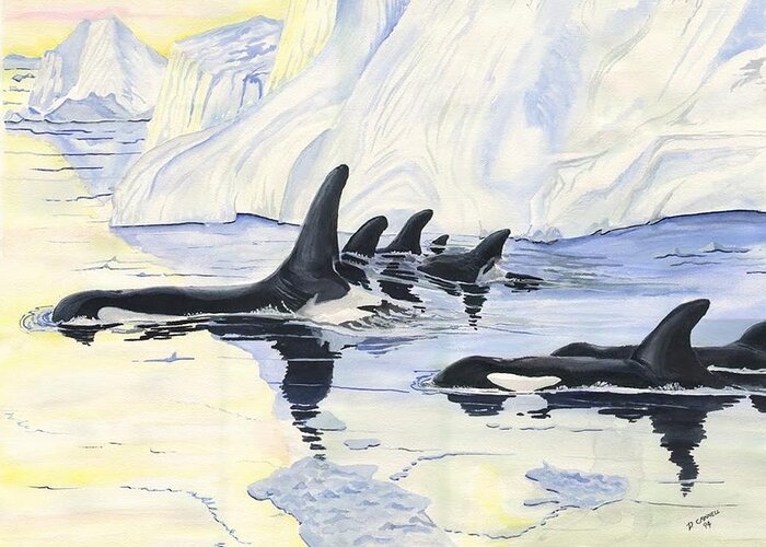 Sea Greeting Card featuring the digital art Orcas by Darren Cannell