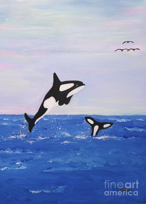 Orcas Greeting Card featuring the painting Orcas in the Morning by Karen Jane Jones