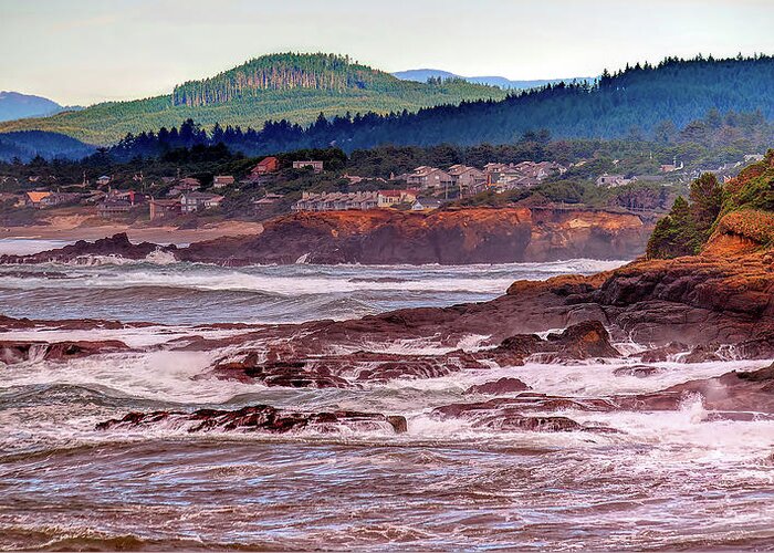 Pacific Ocean Rocks Water Cliff Trees Waves Greeting Card featuring the photograph Oregon Coast one by Wendell Ward