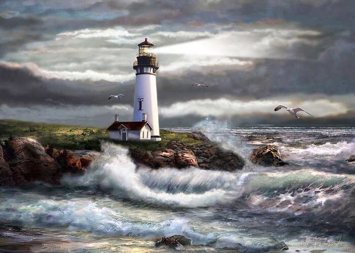 #faatoppicks Greeting Card featuring the painting Oregon Lighthouse Beam of hope by Regina Femrite