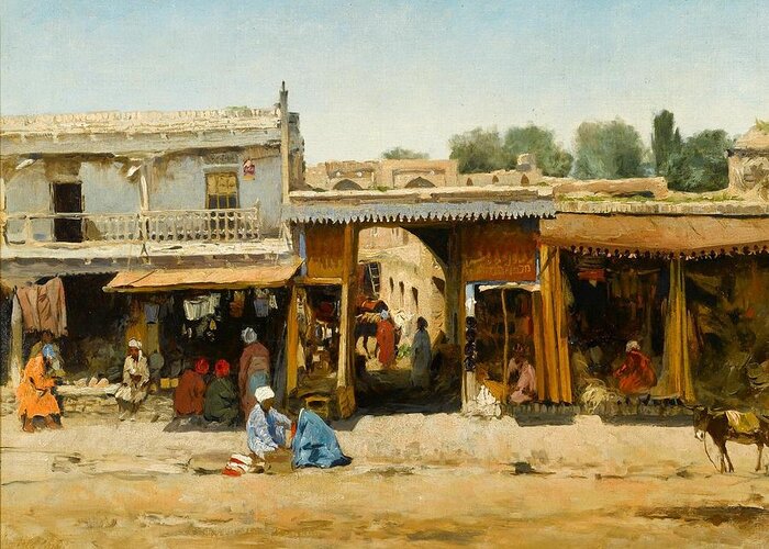 Sergei Ivanovich Svetoslavsky (russian 1857 - 1931) Greeting Card featuring the painting Oriental Market Scene by MotionAge Designs