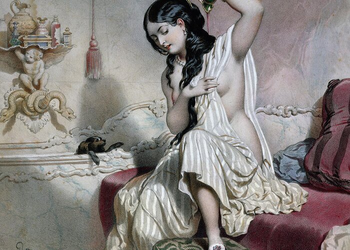 Nude Greeting Card featuring the painting Oriental Woman at her Toilet by French School