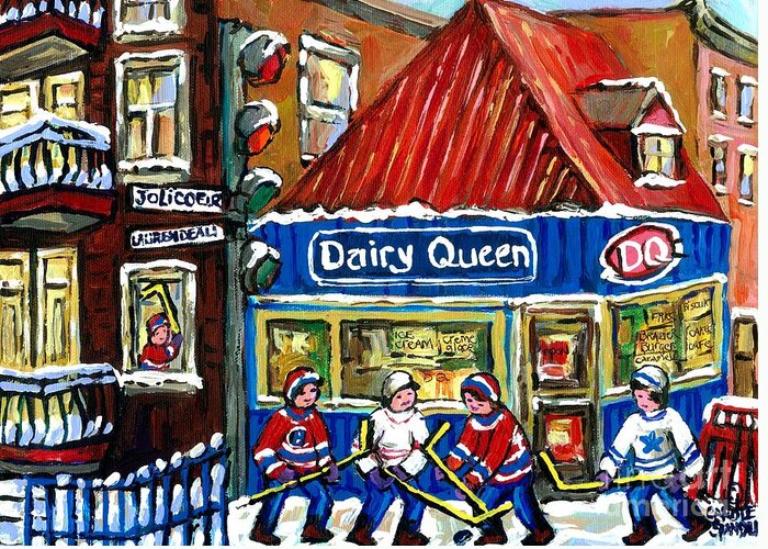Dairy Queen Greeting Card featuring the painting Original Canadian Hockey Art Paintings For Sale Snowfall At Dairy Queen Ville Emard Montreal Winter by Carole Spandau