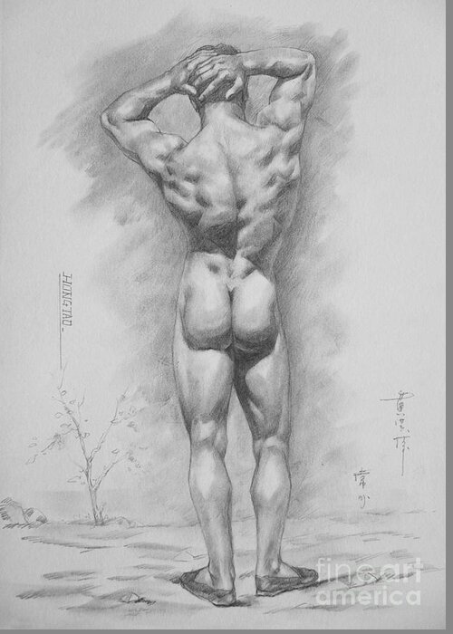 Charcoal Greeting Card featuring the drawing Original Charcoal Drawing Art Male Nude On Paper #16-3-11-27 by Hongtao Huang