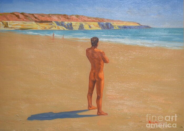 Hongtao Greeting Card featuring the drawing Original Classic Oil Painting Man Body Art Male Nude By The Sea-0017 by Hongtao Huang