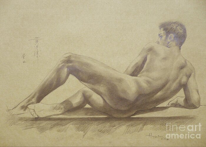 Original Art Greeting Card featuring the drawing Original Drawing Male Nude Pencil On Paper #16-6-1 by Hongtao Huang