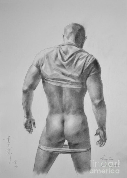 Original Art Greeting Card featuring the painting Original Drawing Sketch Charcoal Male Nude Gay Interest Man Art Pencil On Paper #11-17-19 by Hongtao Huang