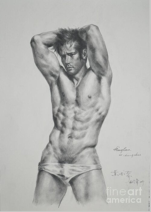 Original Art Greeting Card featuring the drawing Original Drawing Sketch Charcoal Male Nude Gay Interest Man Body Art Pencil On Paper -0056 by Hongtao Huang