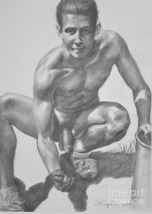Original Art Greeting Card featuring the painting Original Drawing Sketch Charcoal Male Nude Gay Man Art Pencil On Paper -0032 by Hongtao Huang