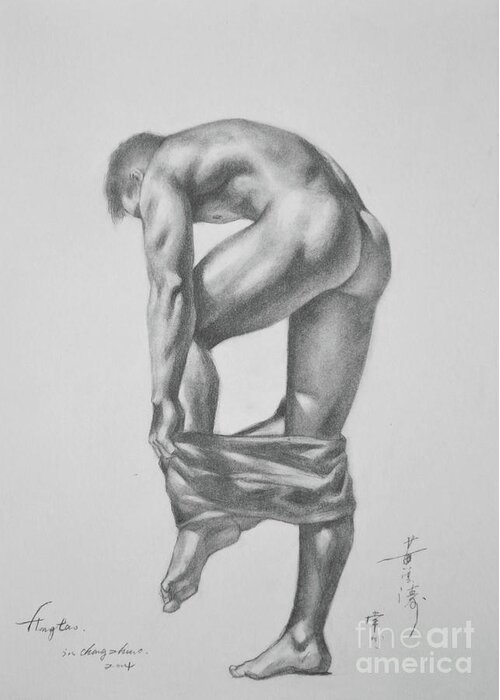 Original Drawing Sketch Charcoal Pencil Gay Interest Man Art On Paper  #11-17-14 Greeting Card by Hongtao Huang